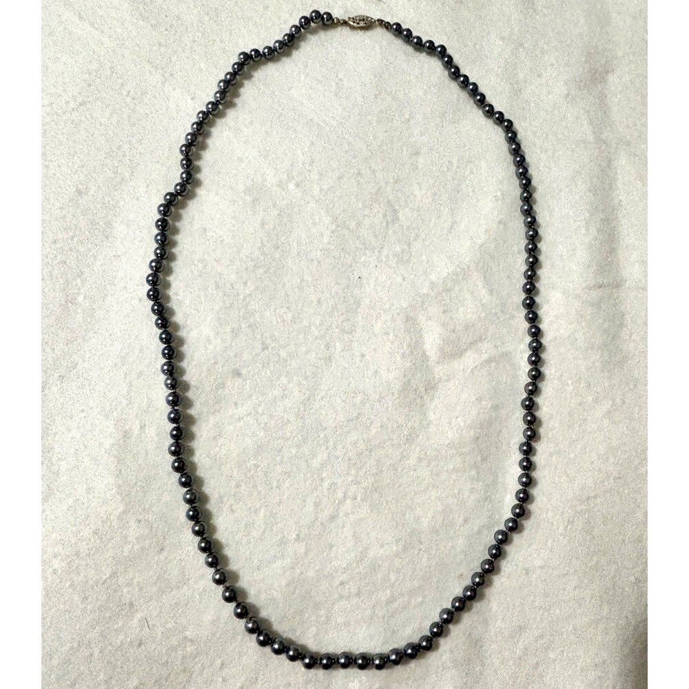 Vintage 28” Peacock Blue Gray Glass Pearl Bead Necklace Silver Filigree Clasp